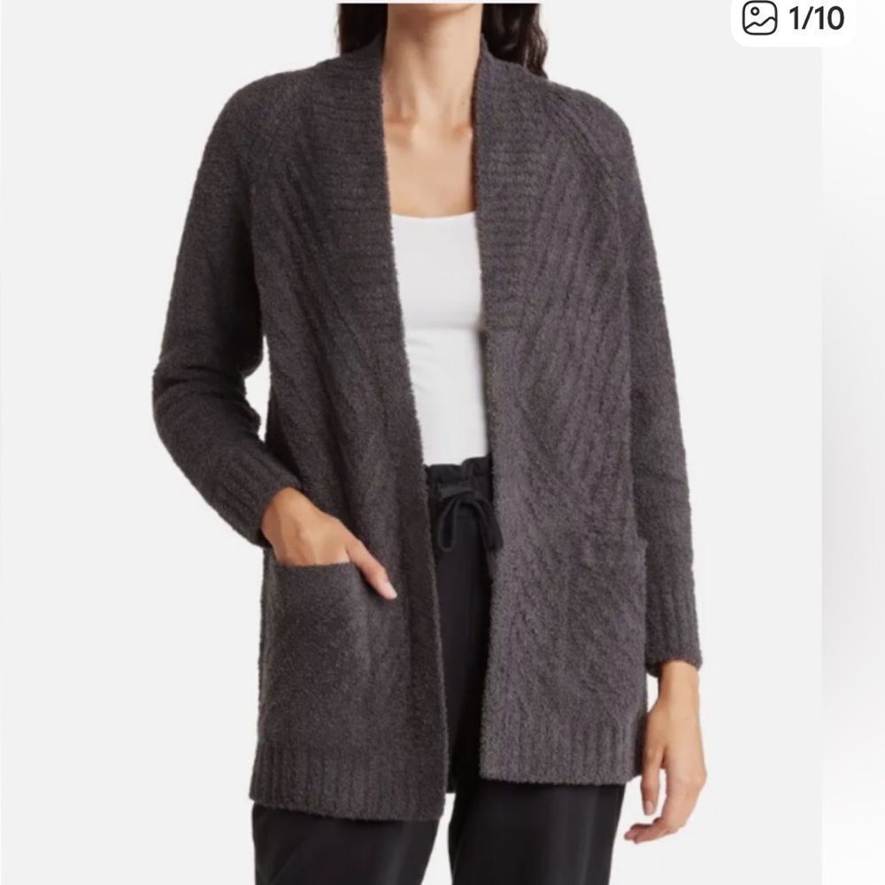 Barefoot Dreams Cozychic Directional Ribbed Cardigan Sweater Charcoal Gray